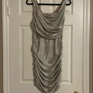 Express 8 liquid metal ruched stretchy foil squareneck cocktail dress